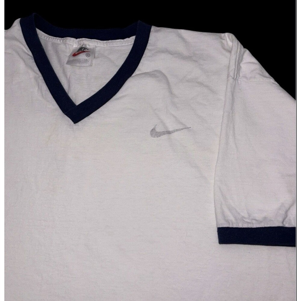 Vintage 90s Nike Ringer Tee Mens XL White V-Neck Retro Streetwear Made In USA